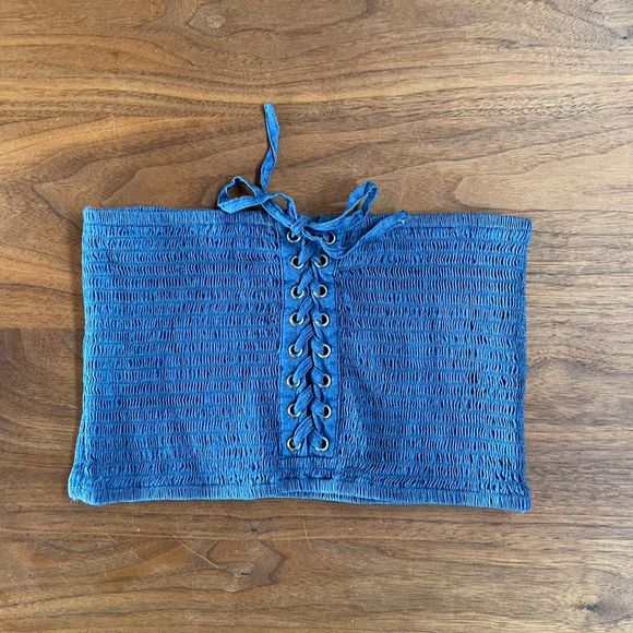 RUN CINTA RUN LF Smocked Strapless Halter Top Crop Lace Up Back Small - Picture 2 of 5